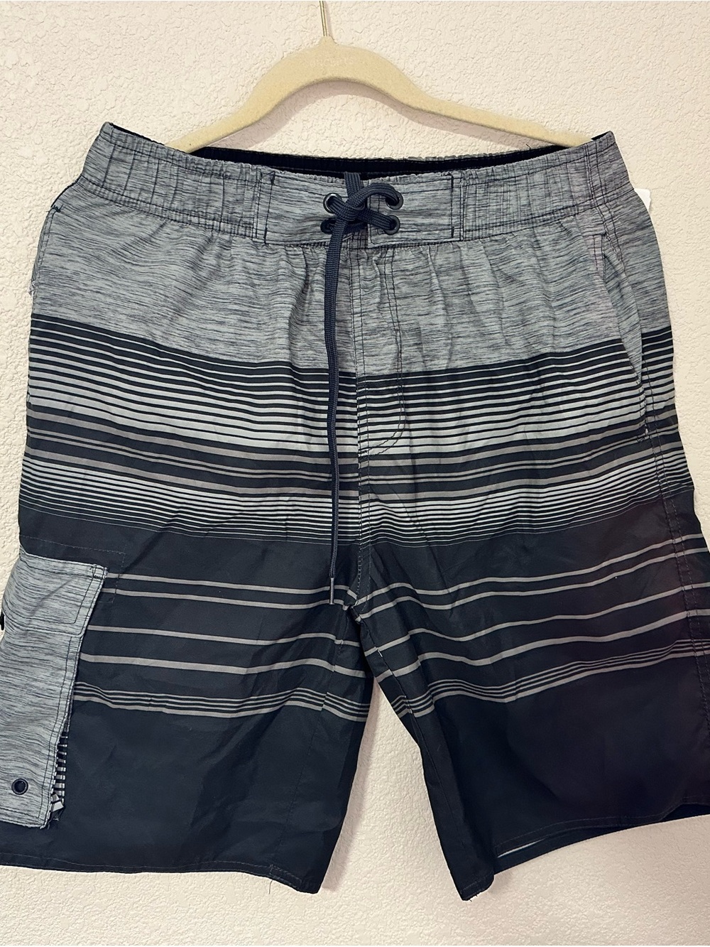 Men's Gray and Black Striped Swim Trunks